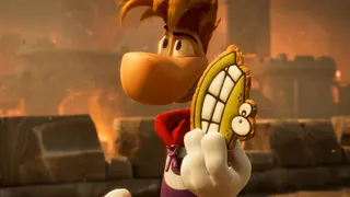 Rayman Legends Retold screenshot showing Rayman holding what looks like a cookie in the shape of a face.