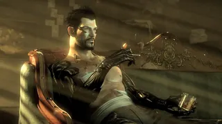 Adam Jensen sips whiskey.