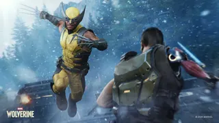 Wolverine leaps toward a soldier with claws drawn