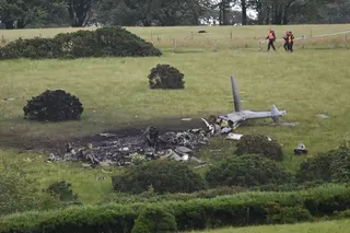 OKEHAMPTON, ENGLAND - JUNE 03: Wreckage of the helicopter is seen in a field, on June 03, 2026 in Okehampton, England. Emergency services responded to a Royal Navy Merlin helicopter crash in a field at Sourton Down on the A30 near Okehampton in Devon at 0400 this morning. (Photo by Finnbarr Webster/Getty Images)