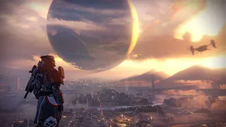 A Guardian looks out at The Traveler.