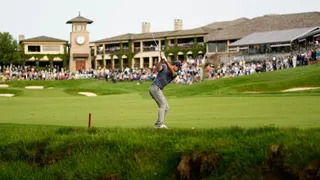 Nick Taylor hits an approach shot on the 18th hole during the third round of the 2024 Memorial Tournament at Muirfield.