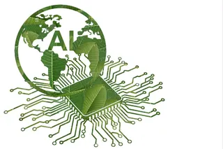 Graphic showing a leaf-shaped CPU connected to a global AI network symbolising sustainable technology and eco-friendly data processing. Photo: Shutterstock