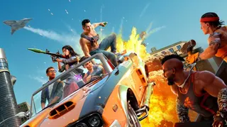 A car explodes as people fire guns.