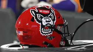 N.C. State football helmet on the field at Clemson Memorial Stadium