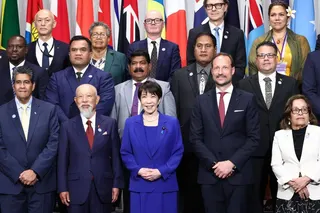 Japanese Prime Minister Sanae Takaichi (centre) poses with representatives from the region during the opening of the Island States Ocean Summit in Tokyo on Wednesday. Photo: AFP