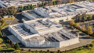High angle aerial view of a data center in Newark California.