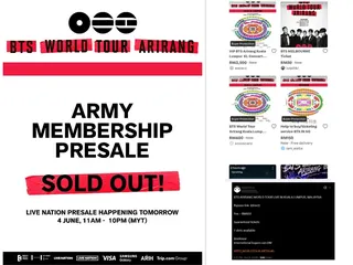 The official membership presale for the BTS World Tour ‘Arirang’ in KL sold out completely within five hours, while resellers also appeared. — Picture courtesy of Live Nation Malaysia and screenshots via X and Carousell
