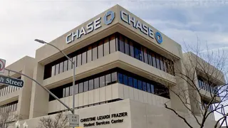 Exterior view of a Chase Bank building in downtown Bakersfield, California, where police responded to a reported bomb threat and hostage situation.