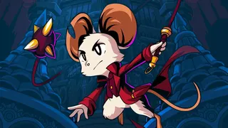 Mina the Hollower's mouse protagonist overlaid on a blue background