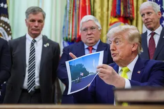 US President Donald Trump discusses renovations to the Lincoln Memorial Reflecting Pool in the Oval Office on Thursday. Photo: EPA