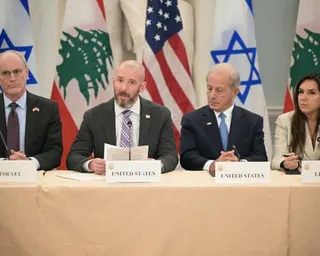 State department chief of staff Daniel Holler talks at a table with envoys from the US, Israel and Lebanon