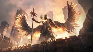 Promotional art for Path of Exile 2's Return of the Ancients expansion. A winged person holding a halberd stands atop fortress walls with the glare of the sun at their back.