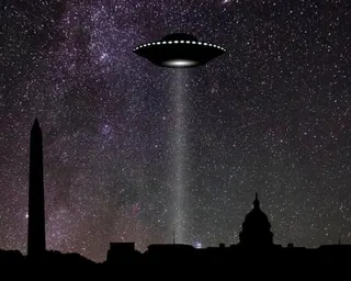 An illustration of a UFO over Washington DC at night