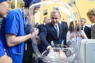 Canadian Prime Minister Mark Carney inspects a pig’s lungs during an AI demonstration at Toronto General Hospital on Thursday. Photo: The Canadian Press via AP
