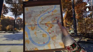 A first-person perspective of someone holding a map in the woods in Prologue: Go Wayback.