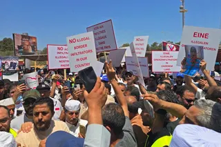 Libyans take part in a demonstration in front of the UNHCR office in Tripoli on June 4, 2026, demanding the departure and closure of the UNHCR offices and declaring 'No to foreign settlement in Libya'.