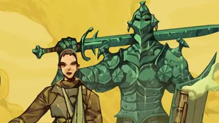 Entropy key art showing armored knight behind unhelmeted character over yellow background