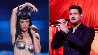 Graphic showing photos of Katy Perry and Michael Buble