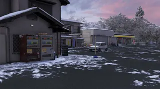 Two vending machines outside of a house in a parking lot covered in snow in Forza Horizon 6.