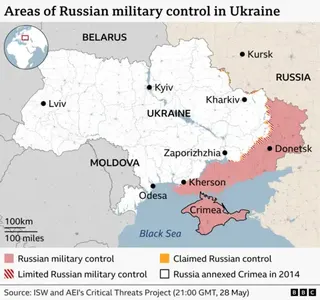 A BBC map titled “Areas of Russian military control in Ukraine” shows Ukraine and surrounding countries in Eastern Europe. Ukraine is displayed centrally in white, bordered by Belarus to the north, Russia to the east, and Moldova to the southwest. The Black Sea appears in blue along Ukraine’s southern coast.

Areas shaded in pink/red indicate regions under Russian military control, primarily concentrated in the east and south of Ukraine, including much of the Donetsk region, a southern corridor 