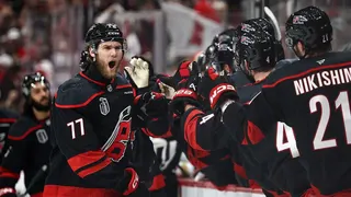 Mark Jankowski celebrating a goal during a hockey game at Lenovo Center in Raleigh