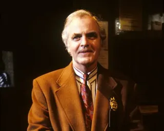 James Handy in a brown suit and striped tie in an episode of TV series NYPD Blue