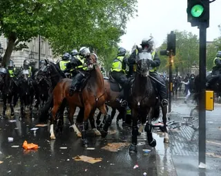 Mounted police and their horses in riot gear during a disturbance