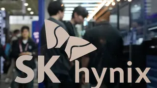 南韓記憶體巨頭SK海力士的攤位。（美聯社）