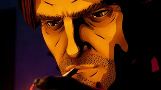 The Wolf Among Us 2 screenshot showing protagonist Bigby Wolf lighting a cigarette.