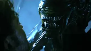 A Xenomorph attacking a human, teeth-first, in Alien: Earth