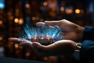 A person holding out their hands, an abstract representation of technology's potential hovering above