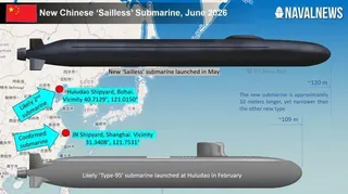 上方是被指已在上海下水的中國新型「無帆罩」潛艦。下方是今年2月在葫蘆島下水的疑似...