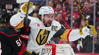 Mark Stone of the Vegas Golden Knights reacts after scoring a goal during a hockey game.