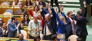 在United Nations全体会议上，安娜莱娜·贝尔博克和其他代表庆祝安理会新成员的当选。