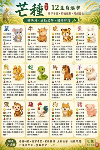2026年6月5日農曆4月20日節氣芒種！雨揚老師曝光12生肖翻身關鍵，狗猴龍運勢前三名財運大旺。（圖／AI ChatGPT製作）