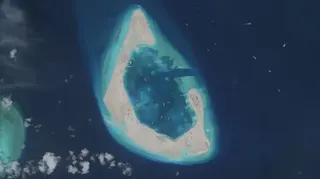 Vantor衛星影像顯示了羚羊礁的全貌，包括部分封閉的潟湖、填海沙地以及在該礁周圍作業的眾多船隻。這張圖像提供了更廣泛的背景訊息，展現了該礁持續擴張和海洋活動的趨勢。