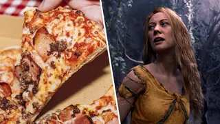 Left: "Man holding pizza slice - stock photo, Pepperoni pizza slice." Right: Faye, from God of War: Laufey, looks with dread towards a slice of pizza.