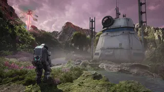 A low angle wide view of a guy in a spacesuit looking at a big metal structure in The Alters: Last Variable.