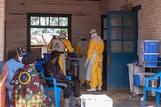 Health workers prepare for duty at the Mongbwalu treatment centre in Mongbwalu, the Democratic Republic of Congo, on Friday. Photo: AP
