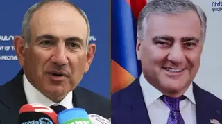 Getty Images A composite image showing Nikol Pashinyan, an older, balding man in a suit, speaking into microphones, on the left; and a poster of a smiling Samvel Karapetyan, an older man with greying hair in a dark suit and purple tie.