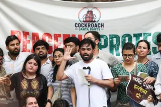 Cockroach Janta Party founder Abhijeet Dipke speaking at the protest in Delhi on June 6.