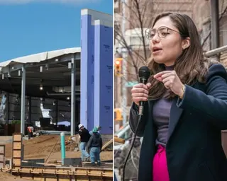 A composite of a datacenter being constructed and a woman talking.