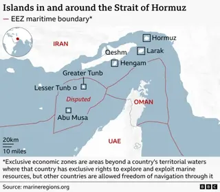 A map of the Strait of Hormuz showing the surrounding coasts of Iran to the north and Oman and the UAE to the south. Several islands in the strait are labelled, including Hormuz, Larak, Qeshm, and Hengam near Iran, and Greater Tunb, Lesser Tunb, and Abu Musa further southwest. Red lines mark exclusive economic zone (EEZ) maritime boundaries. The area around Greater Tunb, Lesser Tunb and Abu Musa is labelled “Disputed.” A footnote explains that EEZs give countries exclusive rights to marine resou