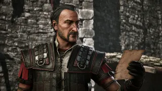 Gothic Remake camps: A close-up shot of Diego reading a note outside of the Old Camp castle.