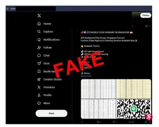 社交媒体X上出现多则声称售卖BTS演唱会门票的贴文，过后被发现是诈骗账号。 （新加坡警察部队提供）