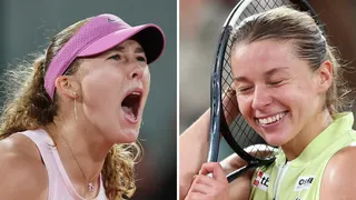Mirra Andreeva and Maja Chwalinska celebrate during their 2026 French Open finals