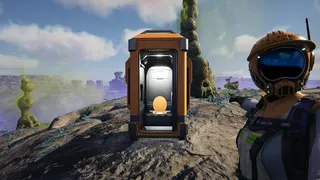 A Satisfactory player takes a selfie with the new portable toilet spawn-point. Yes, you read that correctly.