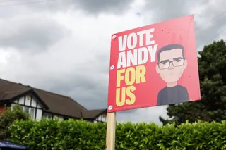 A campaign placard that reads ‘Vote Andy For Us’ in support of Manchester Mayor Andy Burnham, outside a residential property, ahead of the Makerfield by-election, in Ashton-in-Makerfield, in Britain, on Friday. Photo: Reuters