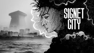 Black and white artwork showing a side-on view of a punky character with eyes closed and what looks like a fungal infection spreading from them. In the background, a bleak industrial town can be seen.